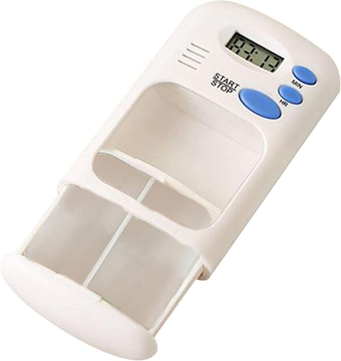 Pill Dispenser Case, Pill Reminder Medicine Dispenser Two Slot Pill Box with Alarm with 0.7 Inches LCD Transparent Card Buckle Holder for Elders, White color, 1Pcs