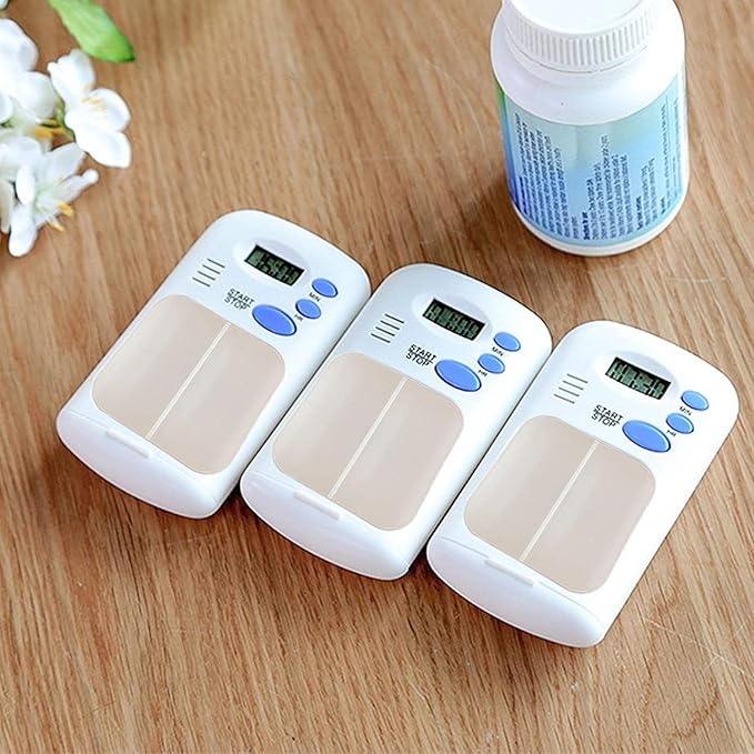 Pill Dispenser Case, Pill Reminder Medicine Dispenser Two Slot Pill Box with Alarm with 0.7 Inches LCD Transparent Card Buckle Holder for Elders, White color, 1Pcs