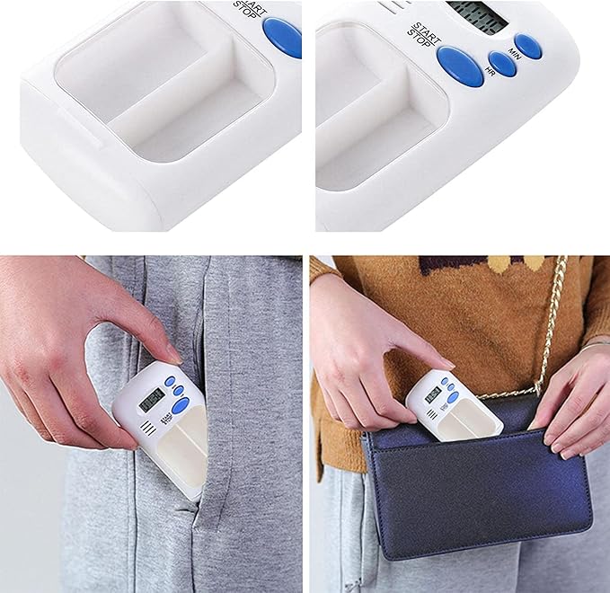 Pill Dispenser Case, Pill Reminder Medicine Dispenser Two Slot Pill Box with Alarm with 0.7 Inches LCD Transparent Card Buckle Holder for Elders, White color, 1Pcs