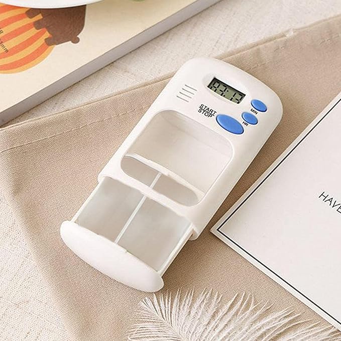 Pill Dispenser Case, Pill Reminder Medicine Dispenser Two Slot Pill Box with Alarm with 0.7 Inches LCD Transparent Card Buckle Holder for Elders, White color, 1Pcs